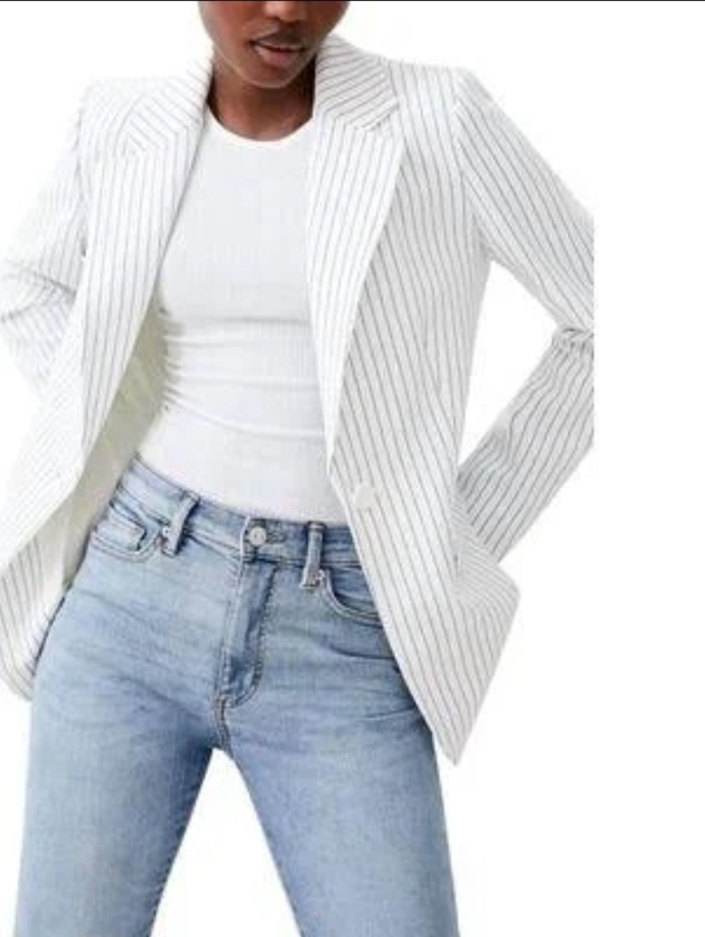 French ConnectionWhisper Pinstripe Blazer In Summer White/marine